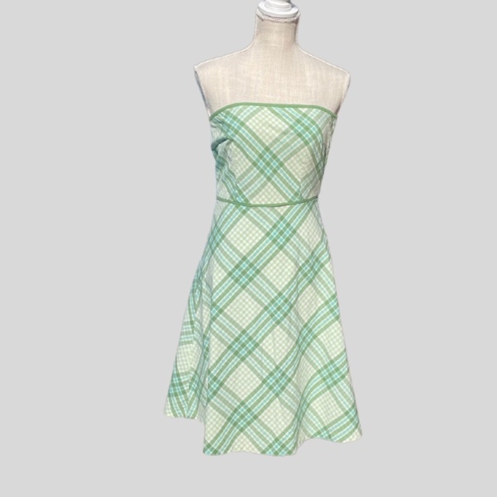 LOFT Strapless Green Gingham A-Line Dress